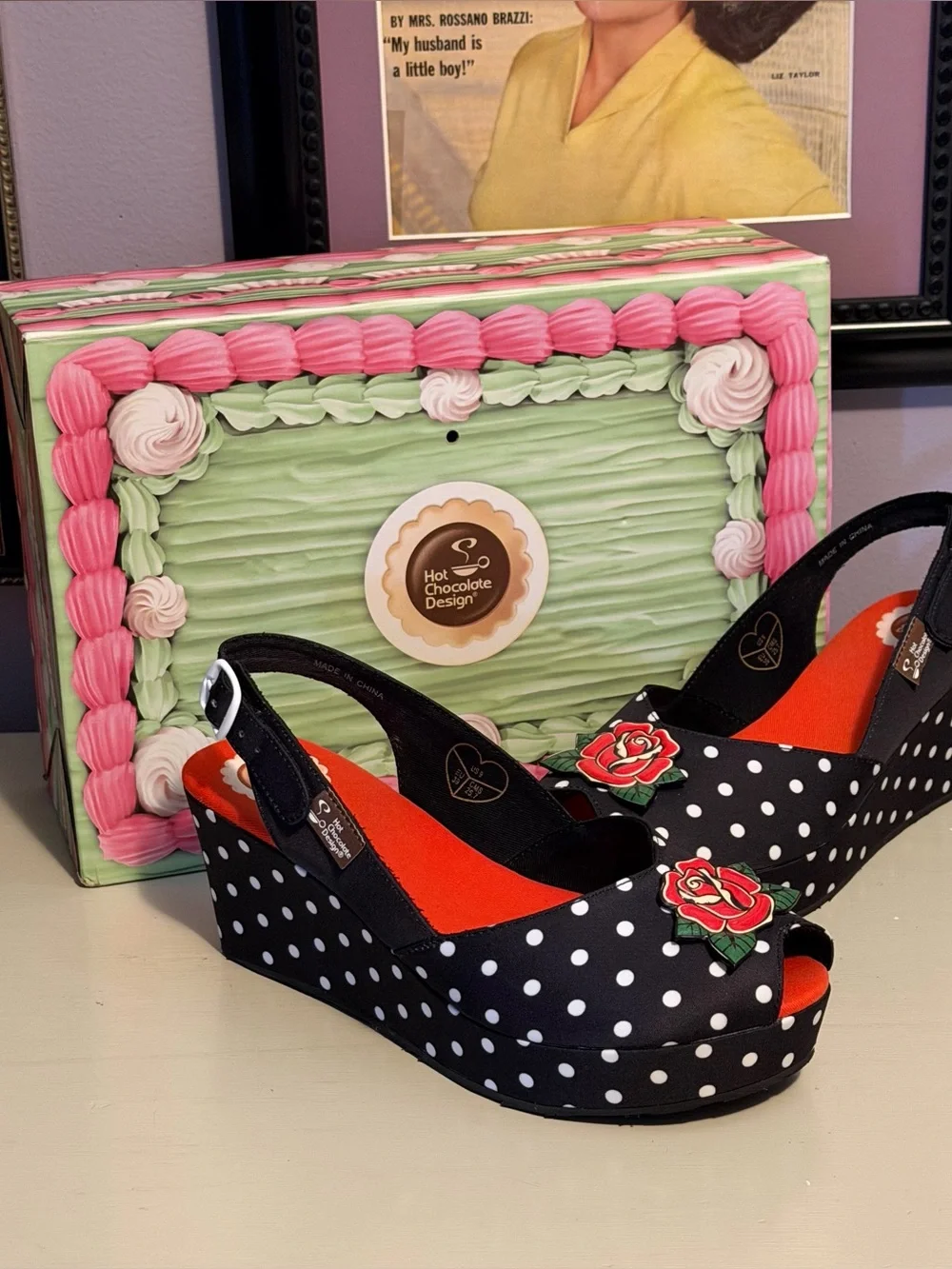 Hot Chocolate Design Rockabilly Rose Wedge Peep Toe Sandals Shoes Black Dot